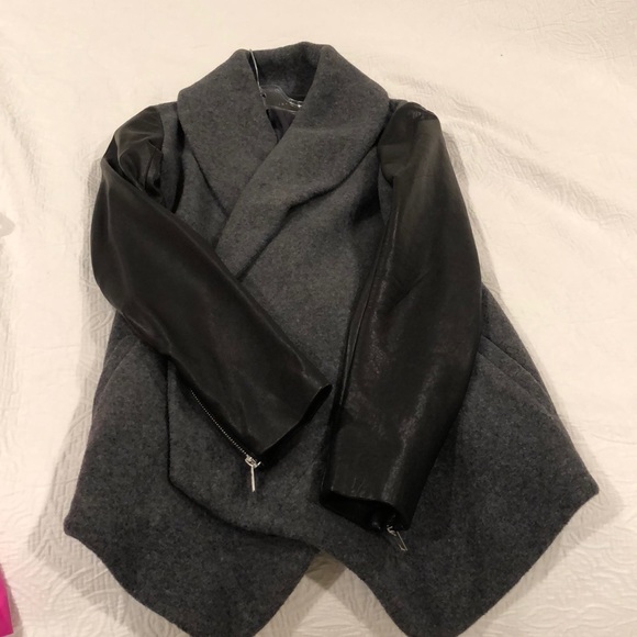 Theory Jackets & Blazers - Theory grey flannel coat, black leather sleeves